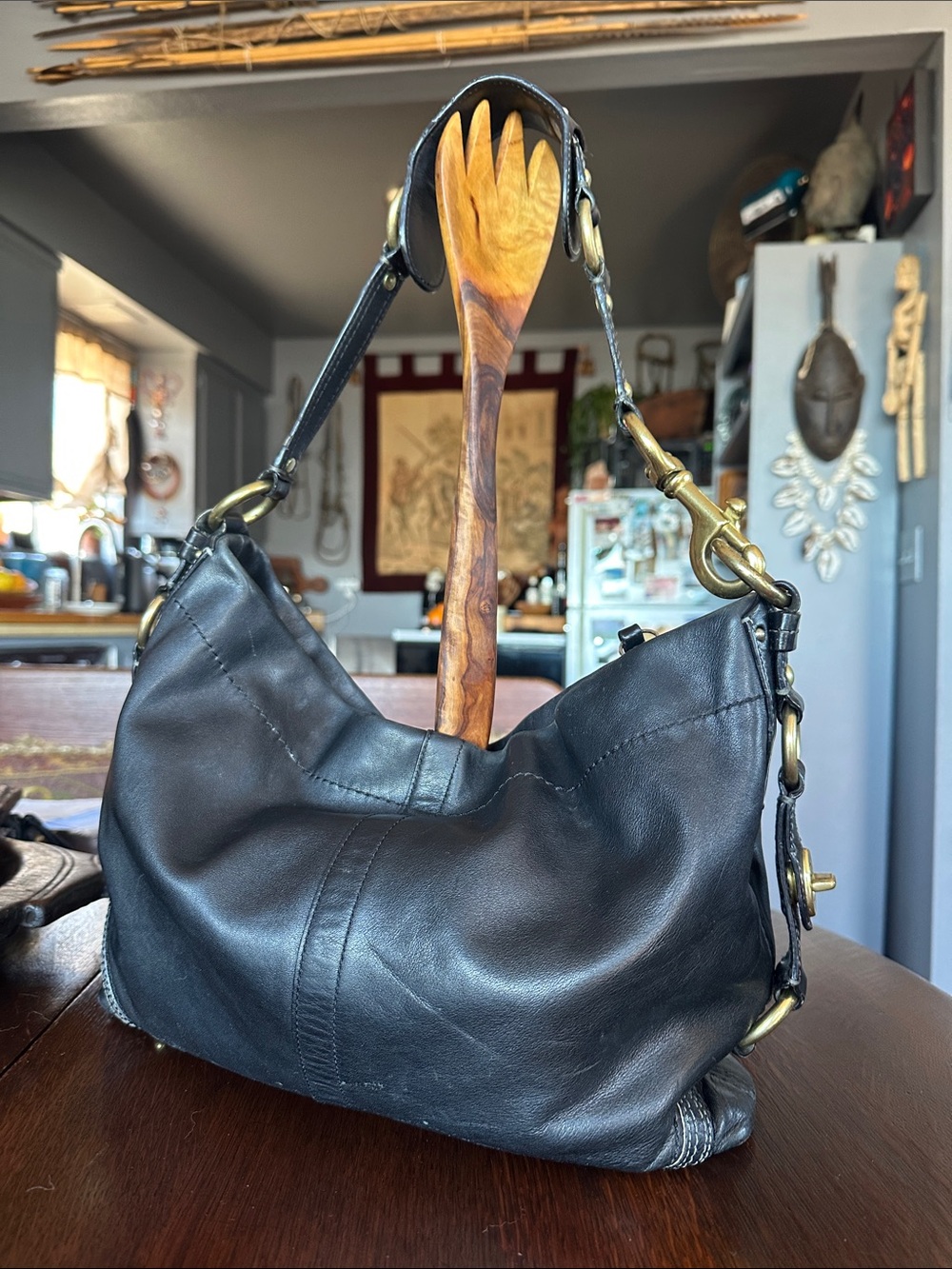 Coach CARLY Black Leather Hobo with lots of cool Brass Hardware. Elegant luxury - Picture 5 of 16